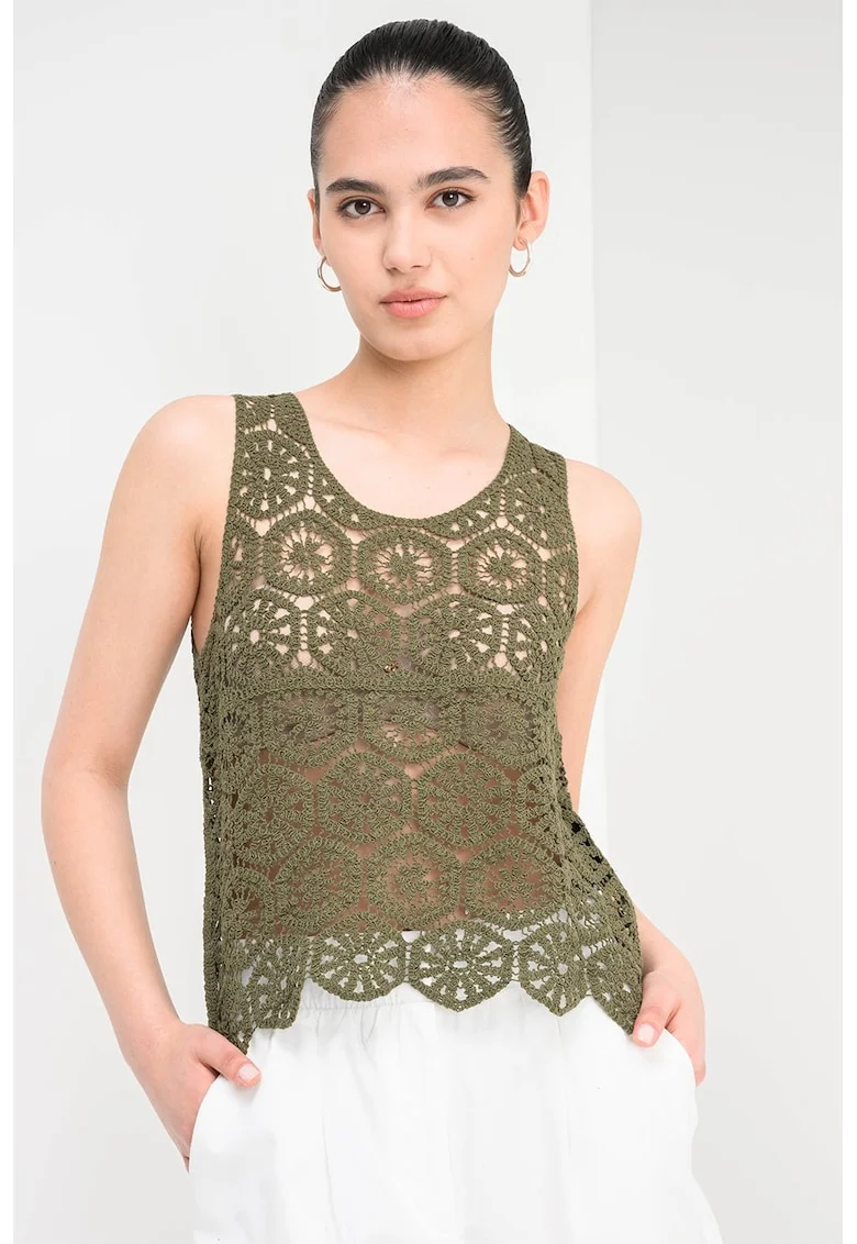 Top din amestec de bumbac organic cu perforatii, Verde padure