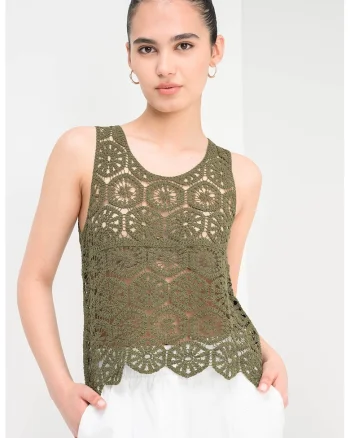 Top din amestec de bumbac organic cu perforatii, Verde padure