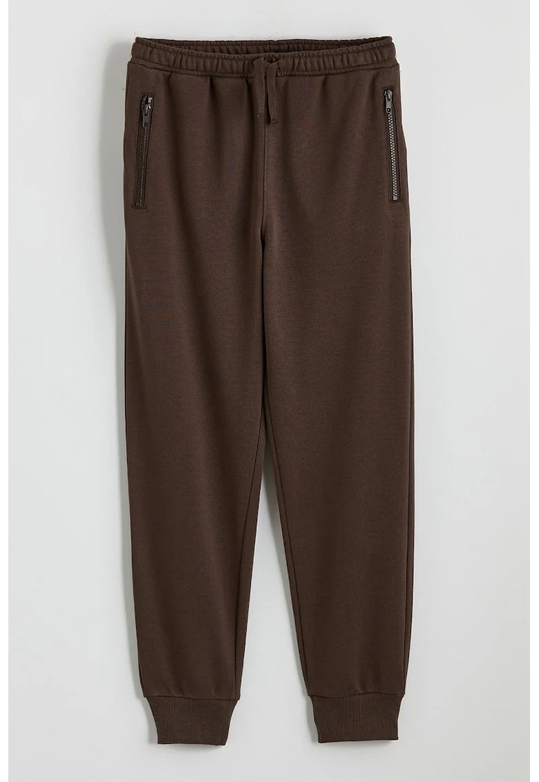 Pantaloni de trening regular fit cu buzunare cu fermoar, Maro pamantiu