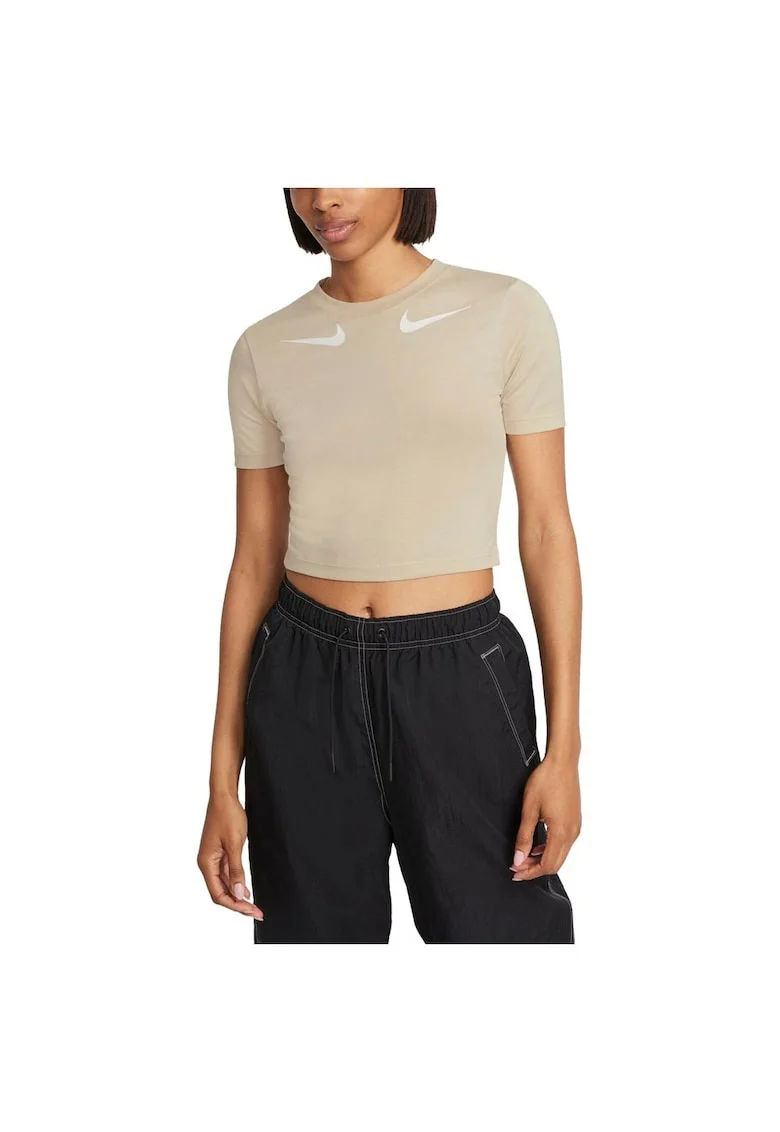 Tricou sport dama  Swoosh, croiala slim, bej, material jersey