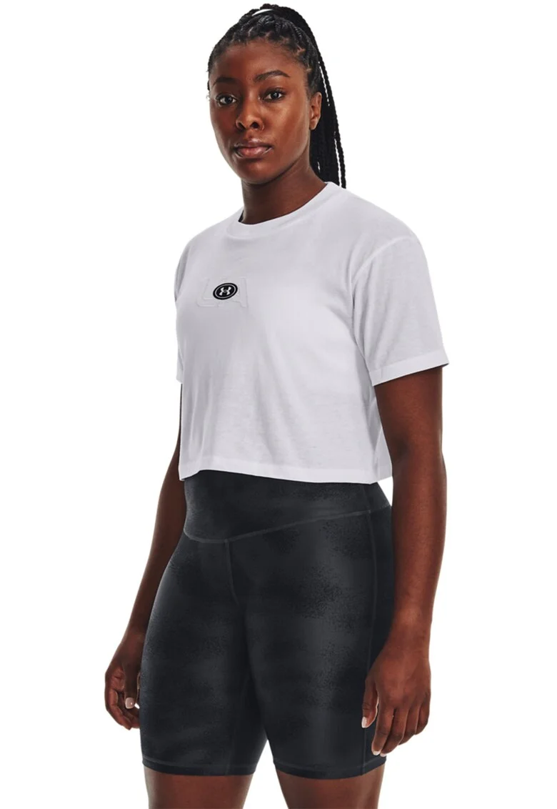 Tricou crop pentru fitness, Alb optic