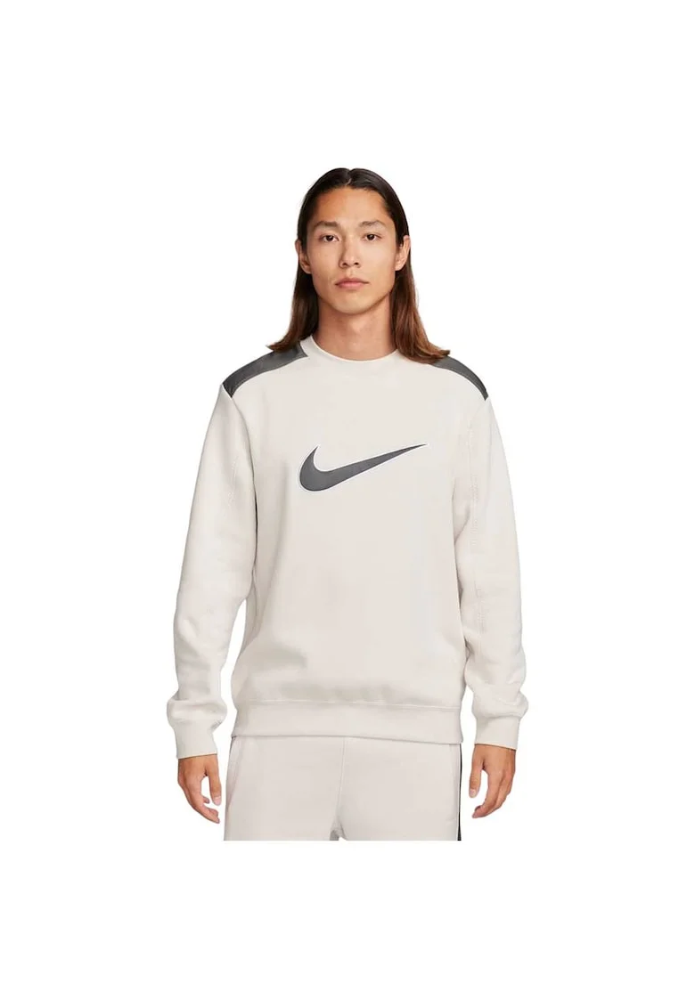 Bluza sport  Fleece Crew, bej, bumbac, cu panouri contrastante,