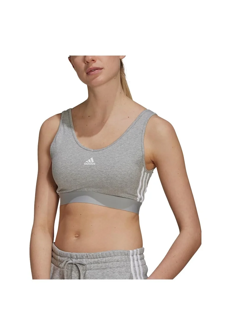 Top scurt adidas, croiala slim fit, decolteu jos, bumbac elastic, gri