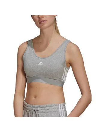 Top scurt adidas, croiala slim fit, decolteu jos, bumbac elastic, gri