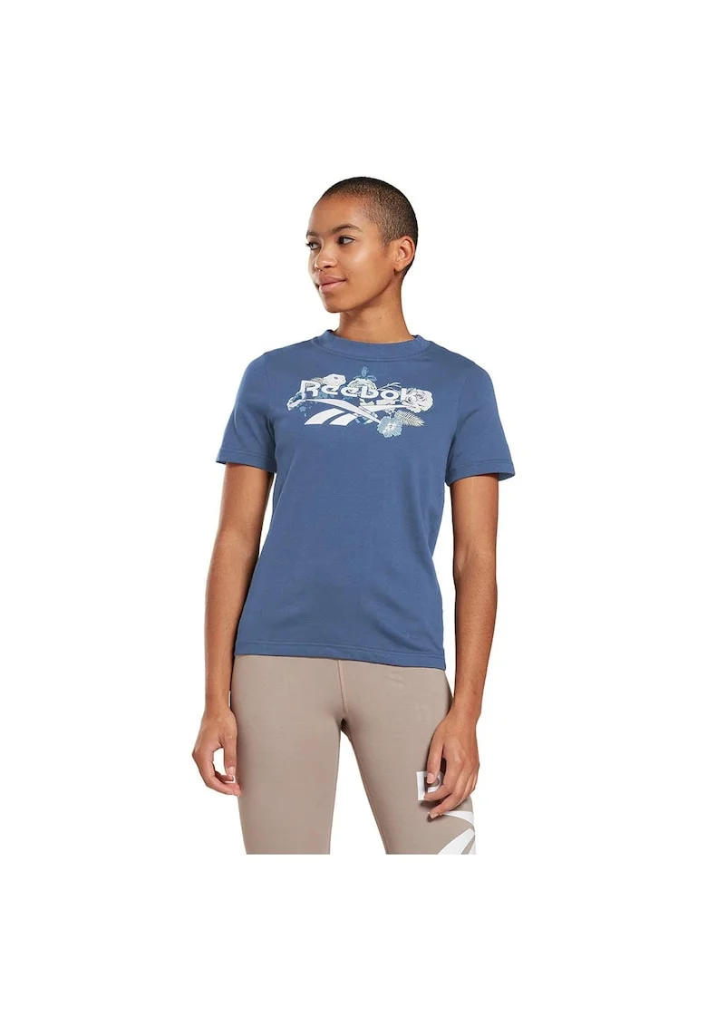 Tricou sport  [REE]CYCLED, design floral, albastru, bumbac