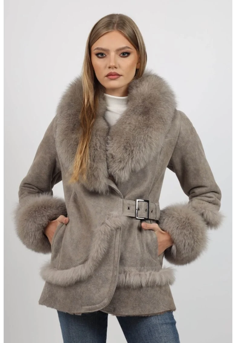 Cojoc de Dama din Blana de Miel si Vulpe Argintie,  Model Norvegia Bej, Bej