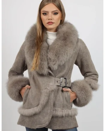 Cojoc de Dama din Blana de Miel si Vulpe Argintie,  Model Norvegia Bej, Bej
