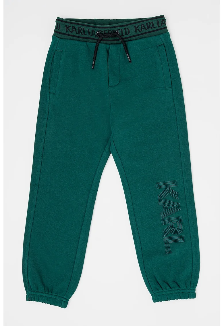 Pantaloni cu imprimeu logo si snur in talie, Verde englez
