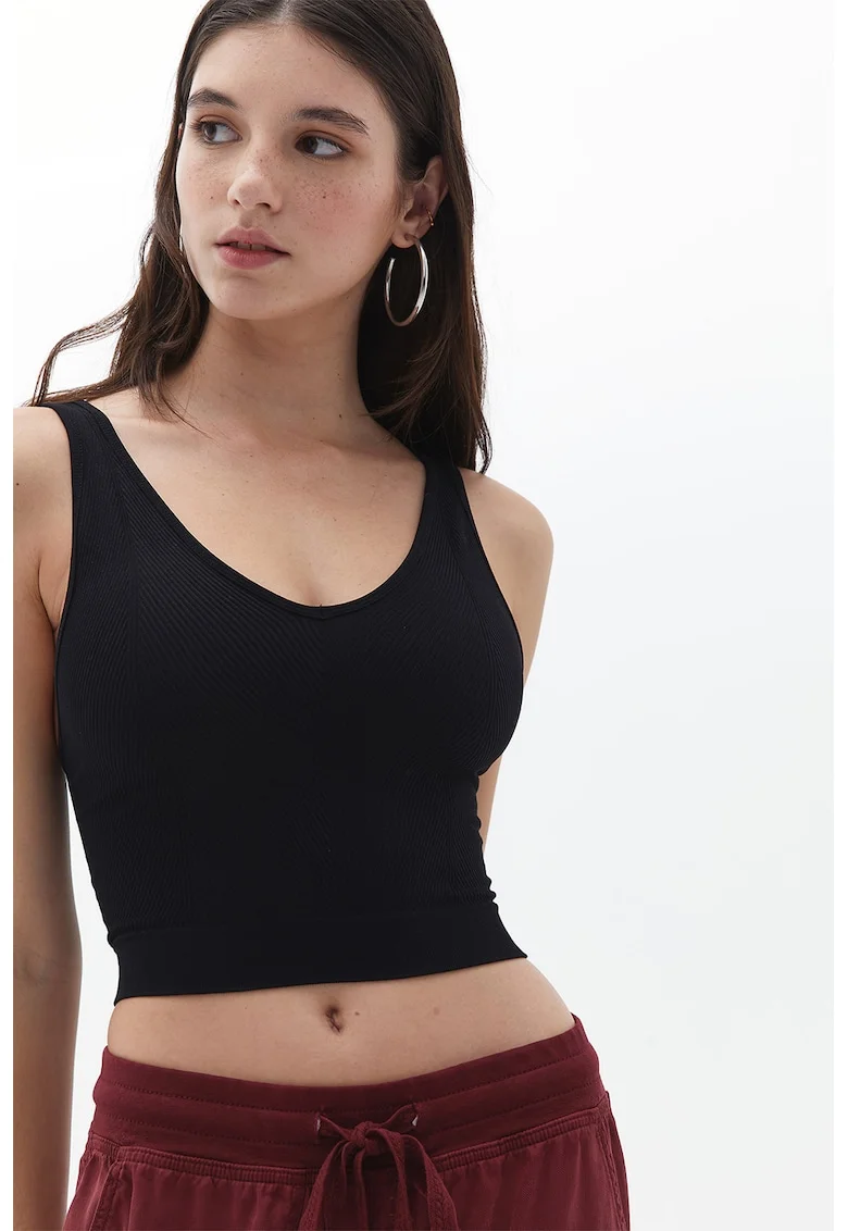 Top crop cu decolteu in V, Negru