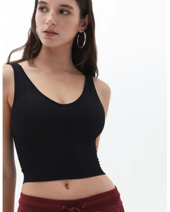 Top crop cu decolteu in V, Negru