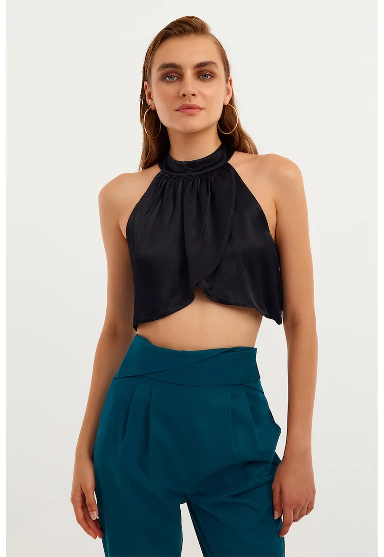 Top crop cu decolteu american, Negru