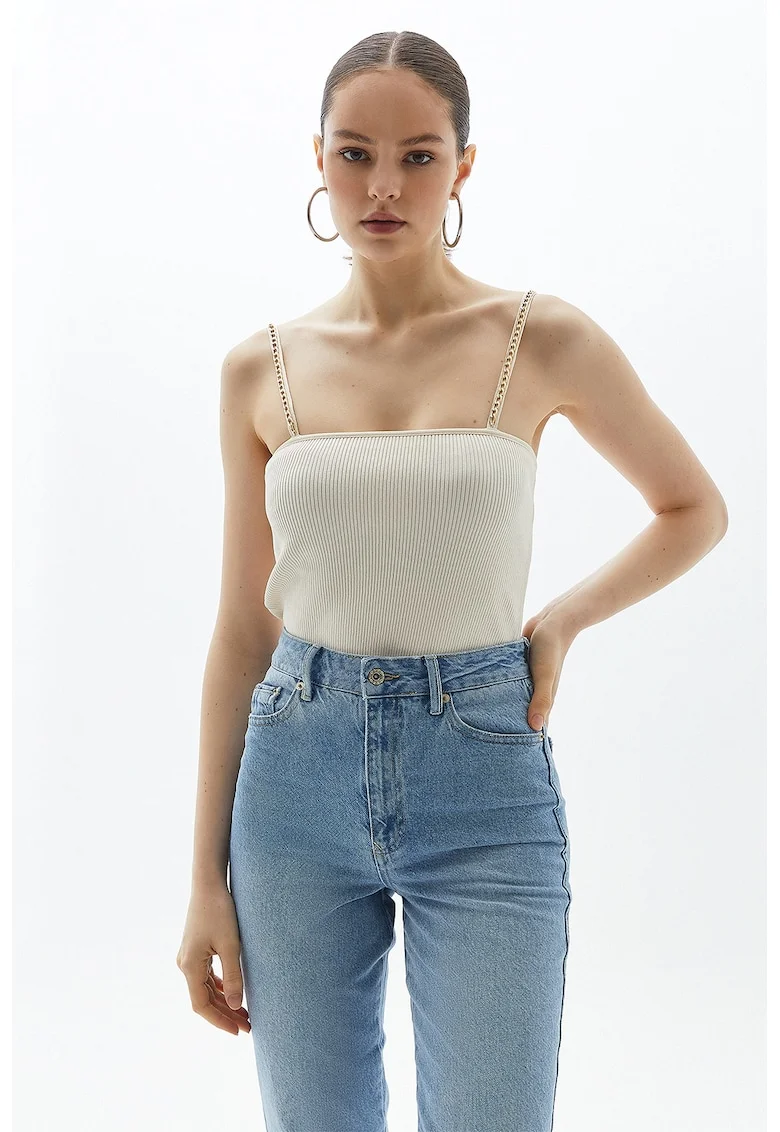 Top slim-fit cu lant decorativ, Alb fildes