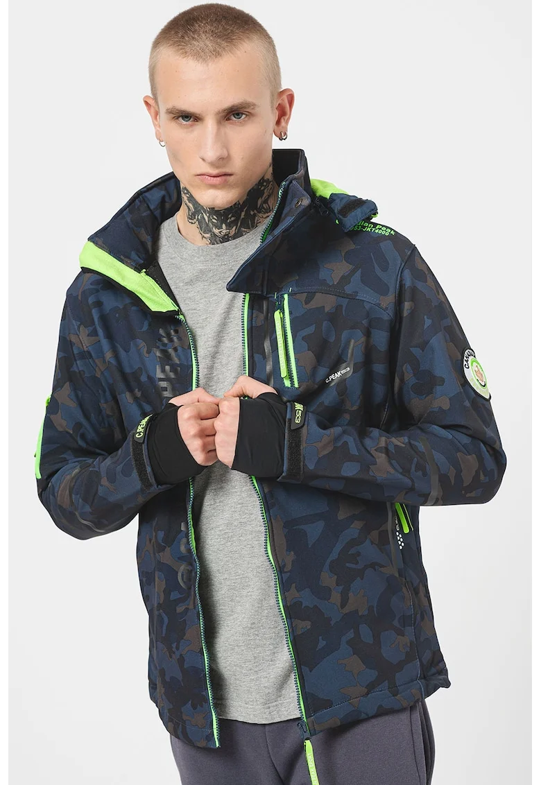 Geaca cu gluga detasabila Softshell, Kaki/Bleumarin