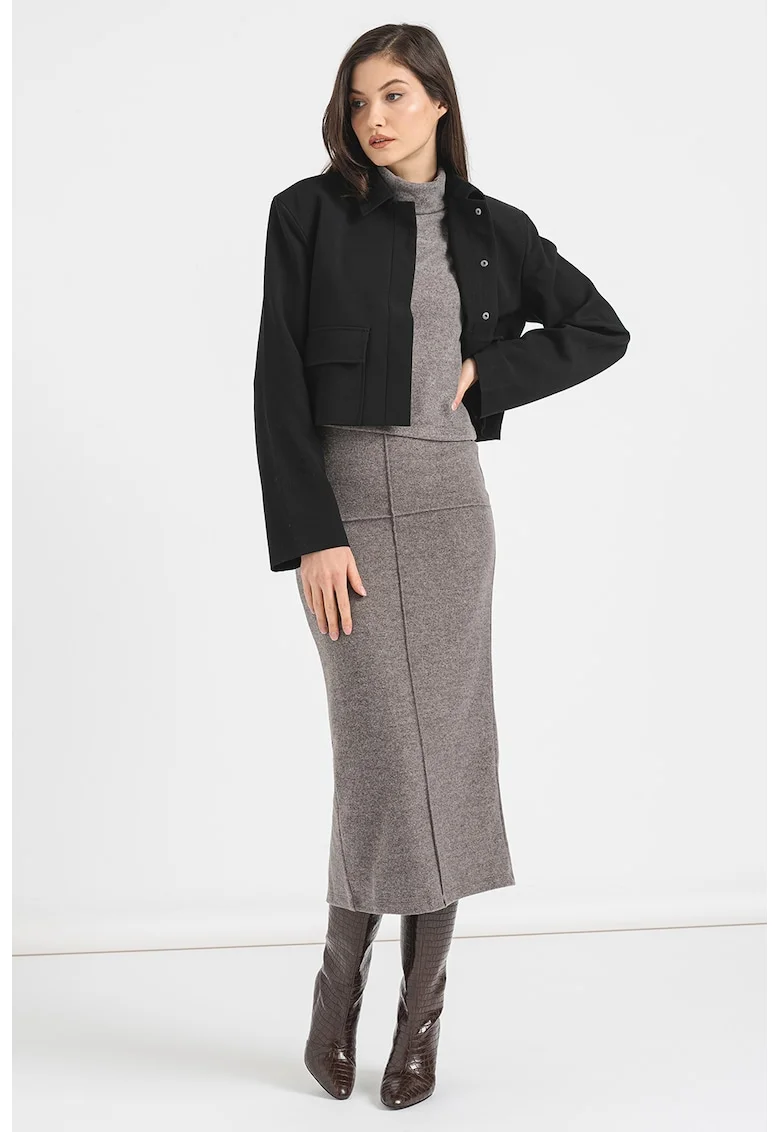 Jacheta subtire crop cu buzunare cu clapa, Negru