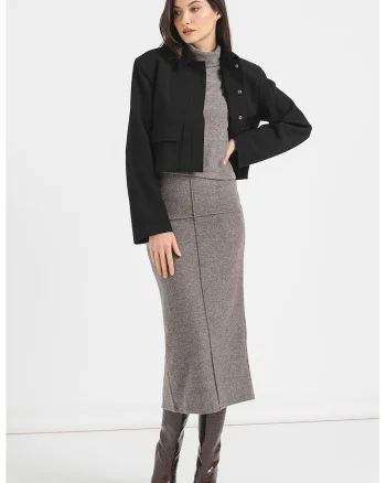 Jacheta subtire crop cu buzunare cu clapa, Negru