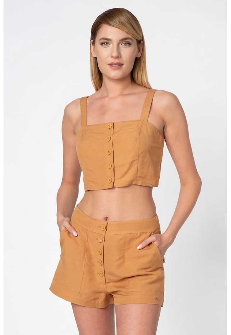 Top crop din amestec de in, cu nasturi, Caramel