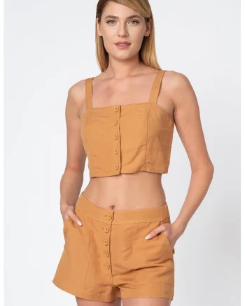 Top crop din amestec de in, cu nasturi, Caramel