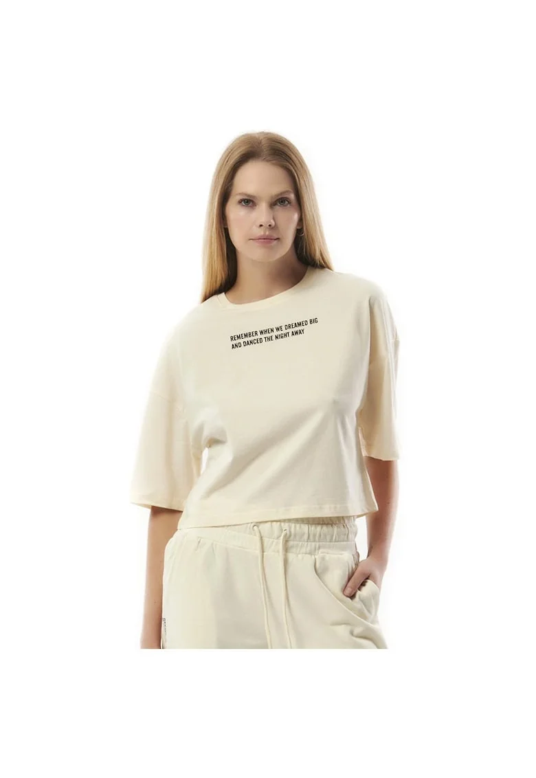 Tricou sport dama  supradimensionat, imprimeu statement, bej, bumbac,