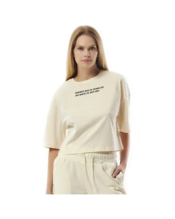 Tricou sport dama  supradimensionat, imprimeu statement, bej, bumbac,
