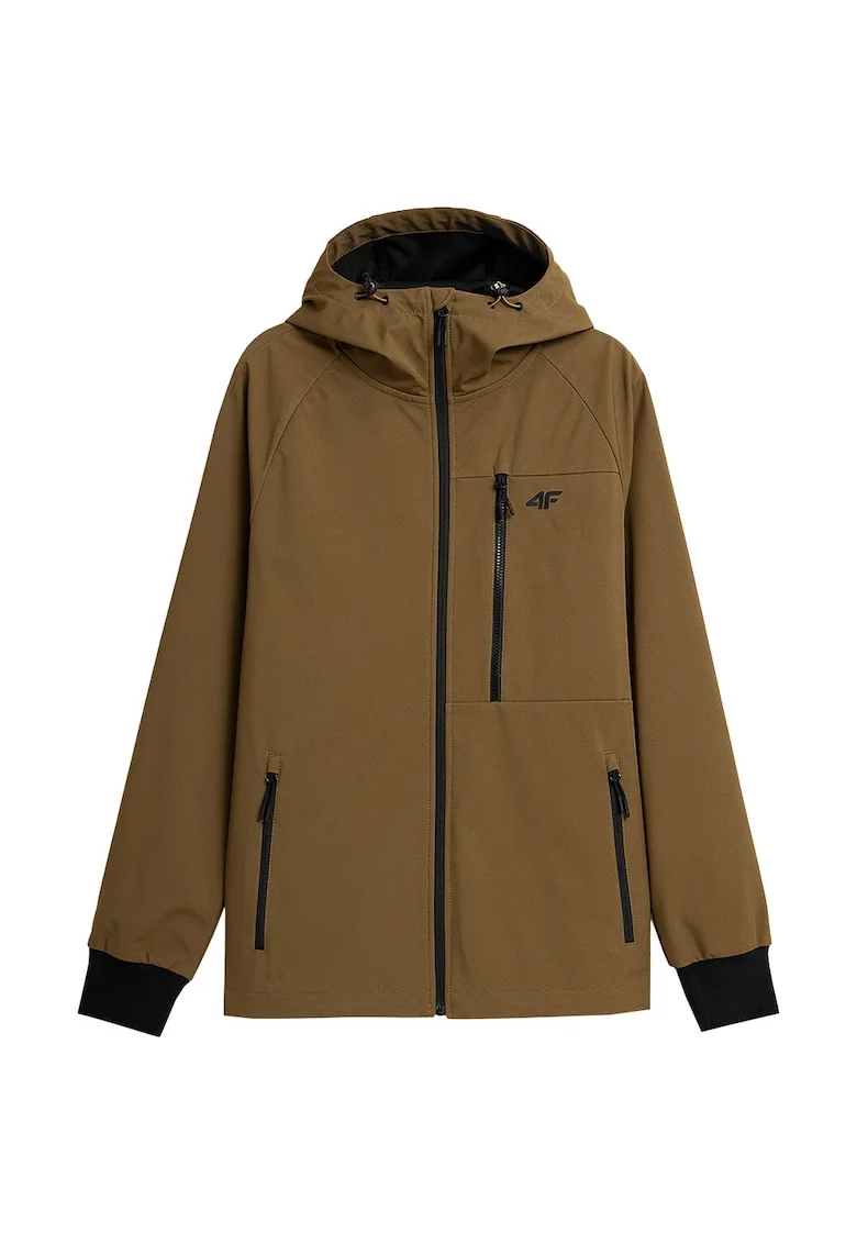Jacheta softshell  barbati, impermeabila, cu gluga, 3 buzunare, maro, poliester