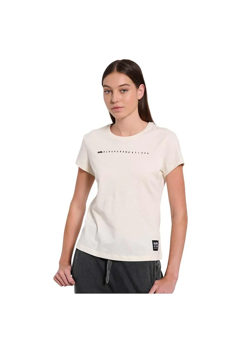 Tricou pentru dama  croiala slim, decolteu rotund, imprimeu minimalist, bumbac, crem