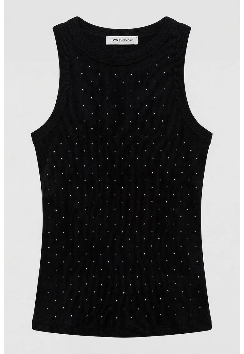 Top slim-fit cu aplicatii din strasuri, Negru