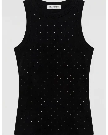 Top slim-fit cu aplicatii din strasuri, Negru