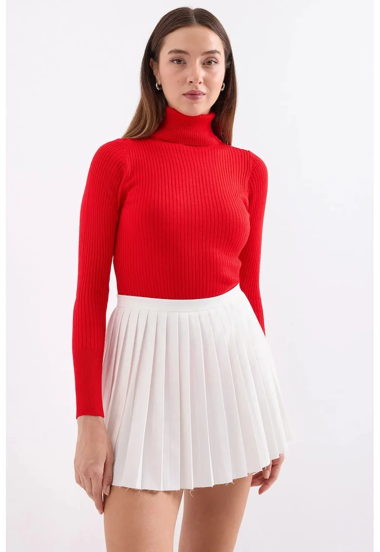 Pulover dama,  texturat cu guler inalt, tricot, Rosu