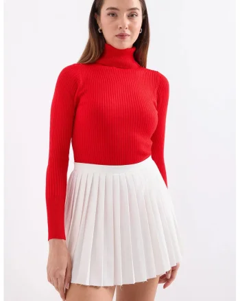 Pulover dama,  texturat cu guler inalt, tricot, Rosu