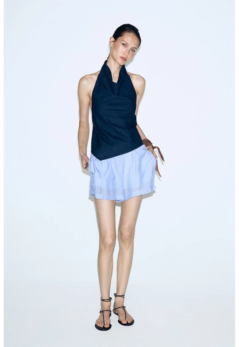 Top halter de bumbac si in, Albastru ultramarin