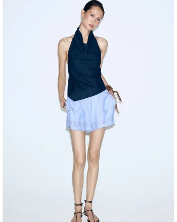 Top halter de bumbac si in, Albastru ultramarin