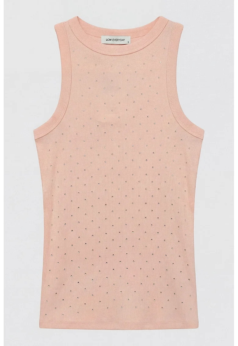 Top slim-fit cu aplicatii din strasuri, Roz pal