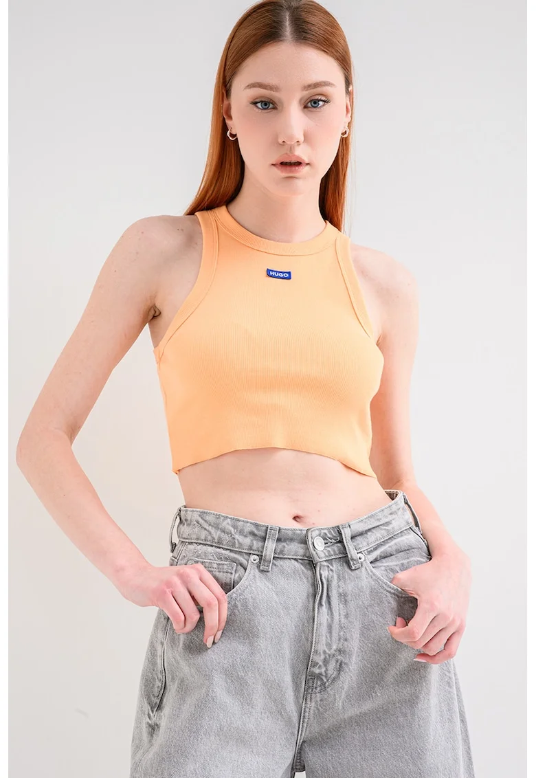 Top crop striat cu detaliu logo, Portocaliu pal