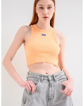 Top crop striat cu detaliu logo, Portocaliu pal