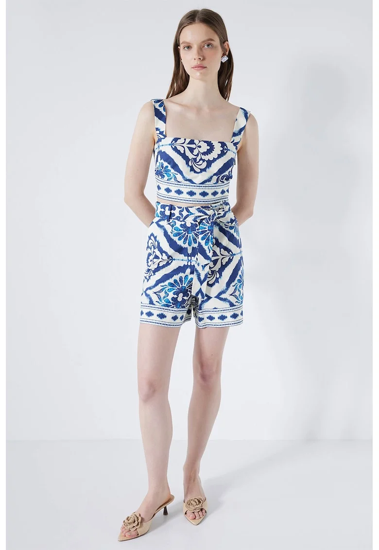 Top crop cu model Majolica, Alb/Albastru inchis