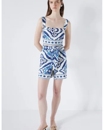 Top crop cu model Majolica, Alb/Albastru inchis