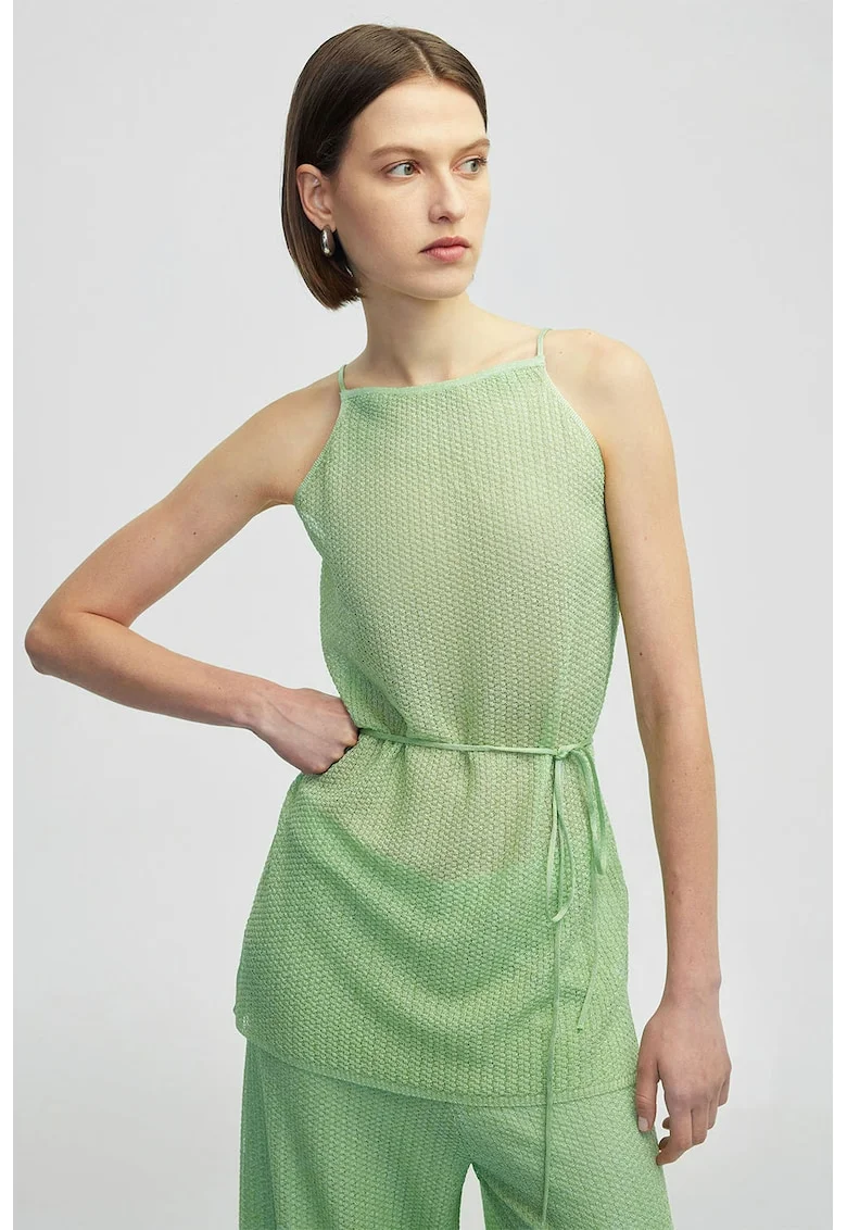 Top tricotat cu cordon in talie, Verde menta