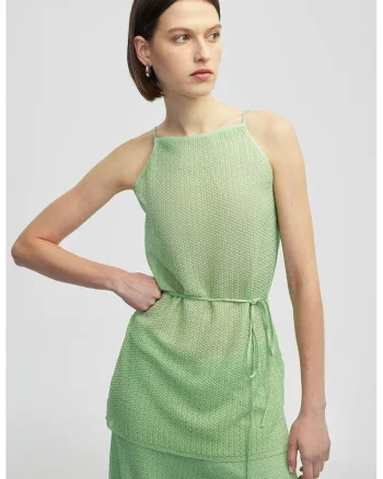 Top tricotat cu cordon in talie, Verde menta