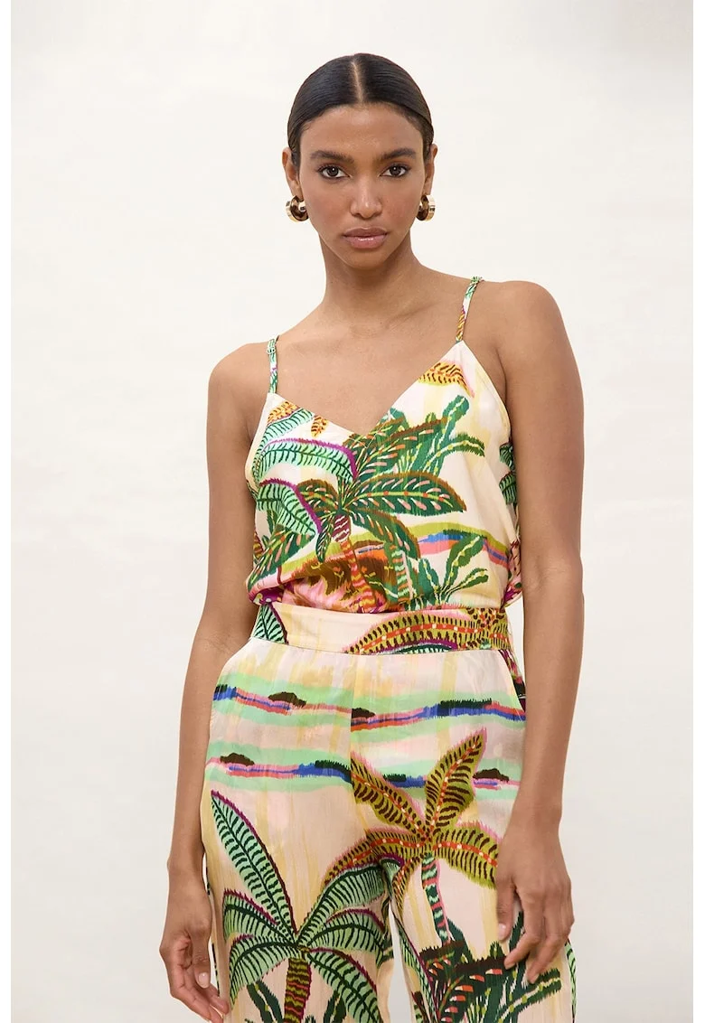 Top din modal cu model tropical, Verde deschis/Rosu deschis/Bej deschis