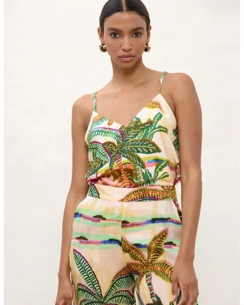 Top din modal cu model tropical, Verde deschis/Rosu deschis/Bej deschis