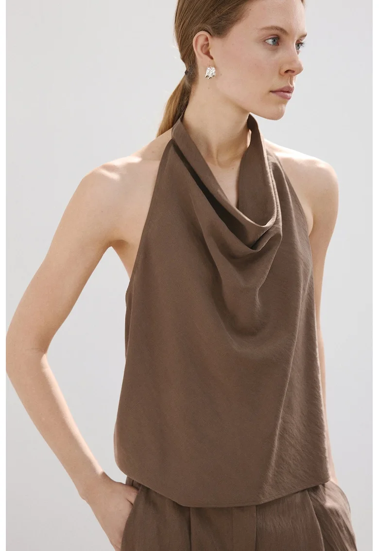 Top halter din amestec de lyocell cu decolteu drapat, Maro pamantiu