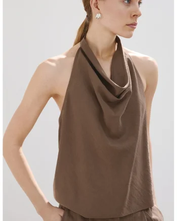 Top halter din amestec de lyocell cu decolteu drapat, Maro pamantiu