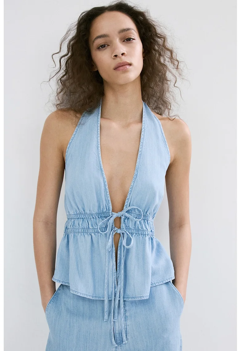 Top din material chambray cu decolteu halter, Albastru deschis
