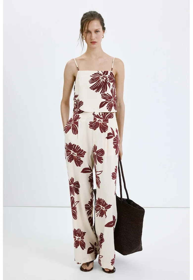 Top crop cu imprimeu floral, din amestec de in, Visiniu/Alb fildes