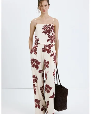 Top crop cu imprimeu floral, din amestec de in, Visiniu/Alb fildes
