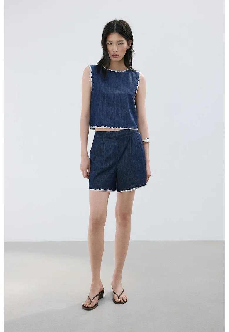 Top crop de denim cu detalii brodate, Albastru inchis