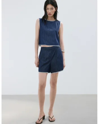 Top crop de denim cu detalii brodate, Albastru inchis