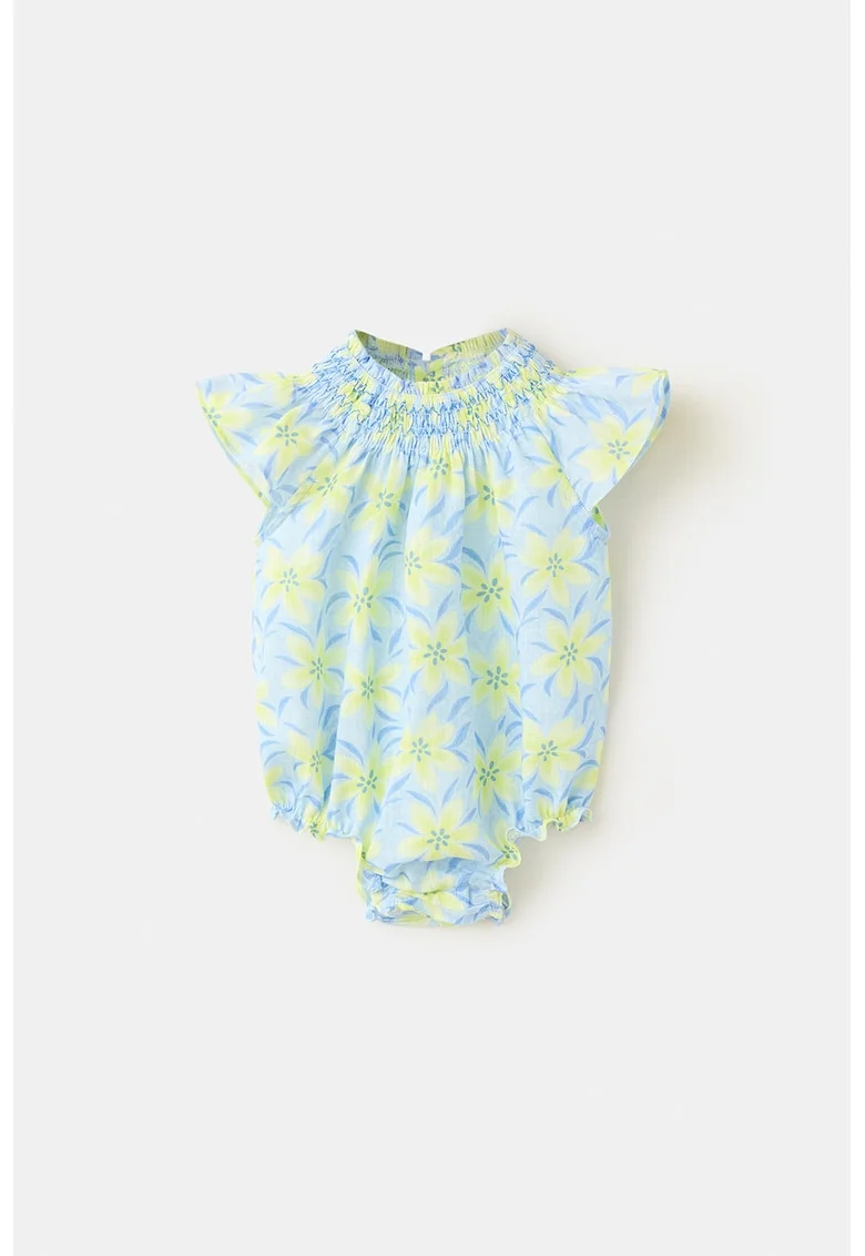 Salopeta din bumbac cu imprimeu floral, Albastru pastel/Verde lime