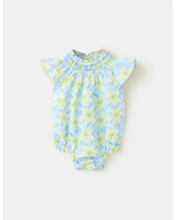Salopeta din bumbac cu imprimeu floral, Albastru pastel/Verde lime