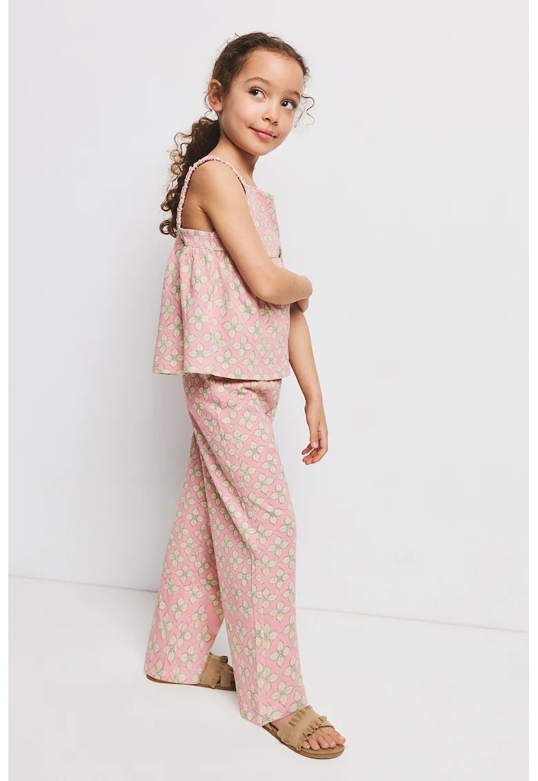 Pantaloni din bumbac cu croiala dreapta si imprimeu, Roz pastel